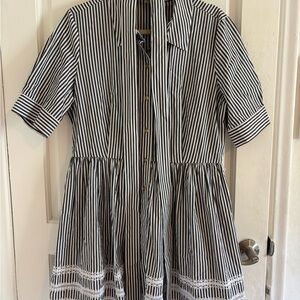 Calvin Klein Black and White Striped Mini Dress with Lace Trim and Collar